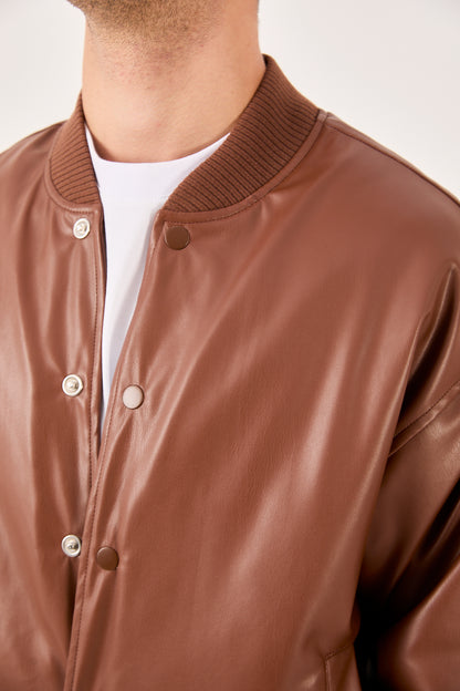 X-2018 Mens Snap Button Faux Leather Jacket Brown Bomber Style