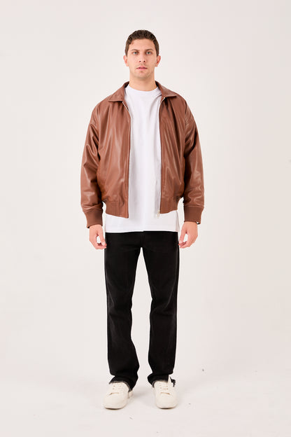 X-2015 Mens Bomber Jacket Brown Zip Front Shirt Collar Ribbed Hem