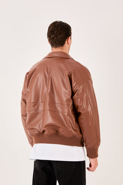 X-2015 Mens Bomber Jacket Brown Zip Front Shirt Collar Ribbed Hem