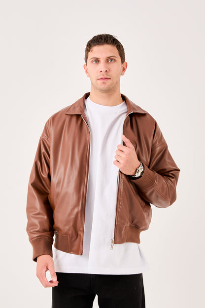 X-2015 Mens Bomber Jacket Brown Zip Front Shirt Collar Ribbed Hem
