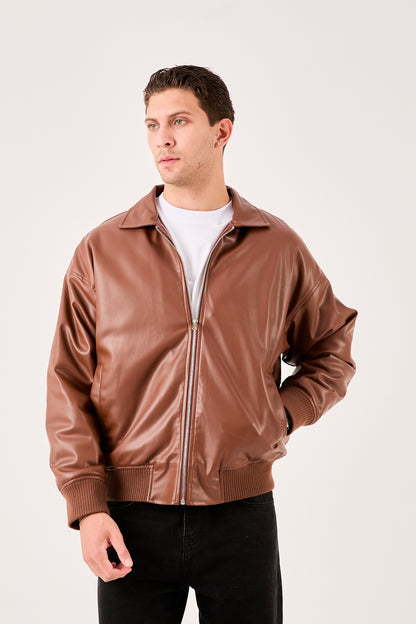 X-2015 Mens Bomber Jacket Brown Zip Front Shirt Collar Ribbed Hem