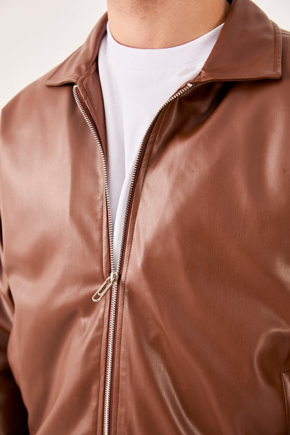 X-2015 Mens Bomber Jacket Brown Zip Front Shirt Collar Ribbed Hem