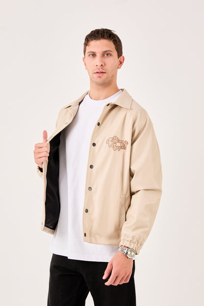 X-2013 Mens Coaches Jacket Beige Snap Button Embroidered Back and Chest Elastic Cuffs