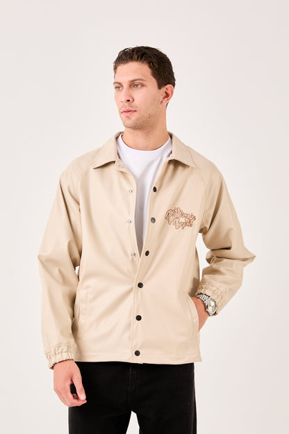 X-2013 Mens Coaches Jacket Beige Snap Button Embroidered Back and Chest Elastic Cuffs
