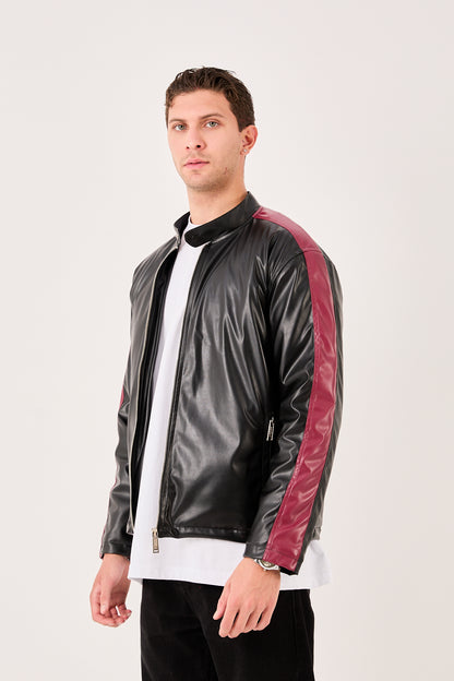 X-2016 Mens Cafe Racer PU Leather Jacket Black Contrast Burgundy Stripe