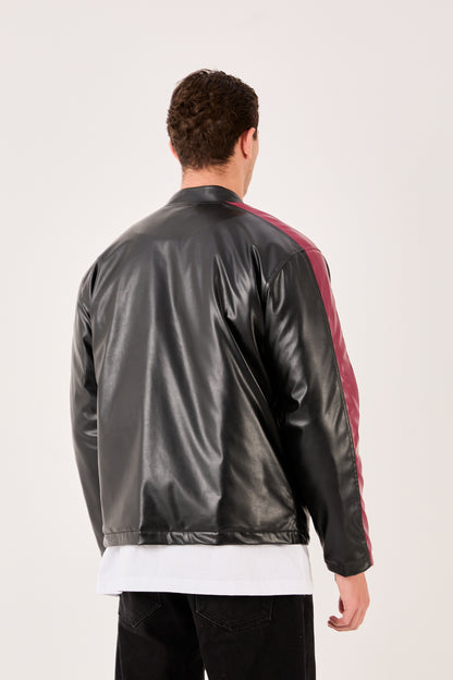 X-2016 Mens Cafe Racer PU Leather Jacket Black Contrast Burgundy Stripe