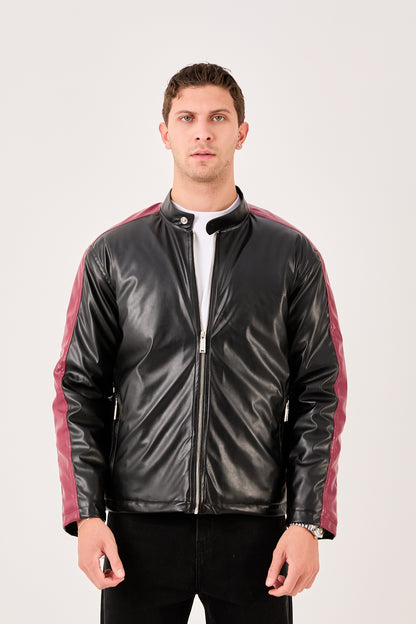 X-2016 Mens Cafe Racer PU Leather Jacket Black Contrast Burgundy Stripe