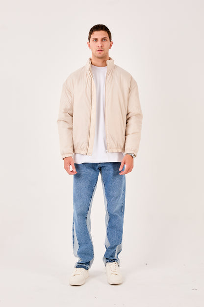 X-2008 Mens Lightweight Puffer Jacket Beige Zip Front Stand Collar Elastic Hem