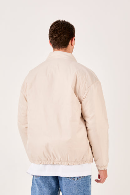 X-2008 Mens Lightweight Puffer Jacket Beige Zip Front Stand Collar Elastic Hem