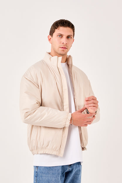 X-2008 Mens Lightweight Puffer Jacket Beige Zip Front Stand Collar Elastic Hem