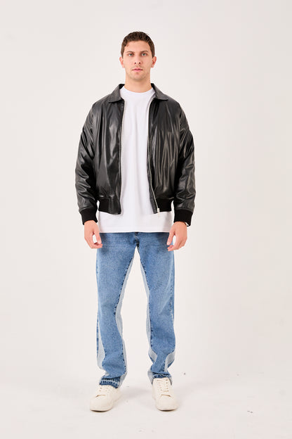 X-2015 Mens Bomber Jacket Black Zip Front Shirt Collar Ribbed Hem