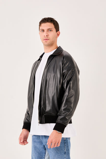 X-2015 Mens Bomber Jacket Black Zip Front Shirt Collar Ribbed Hem