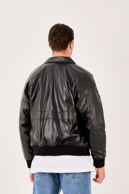 X-2015 Mens Bomber Jacket Black Zip Front Shirt Collar Ribbed Hem