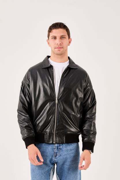 X-2015 Mens Bomber Jacket Black Zip Front Shirt Collar Ribbed Hem