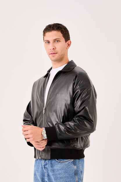 X-2015 Mens Bomber Jacket Black Zip Front Shirt Collar Ribbed Hem