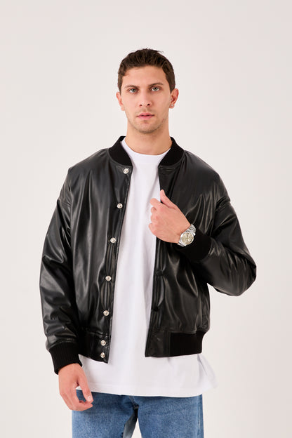 X-2018 X-2018 Mens Snap Button Faux Leather Jacket BLACK Bomber Style