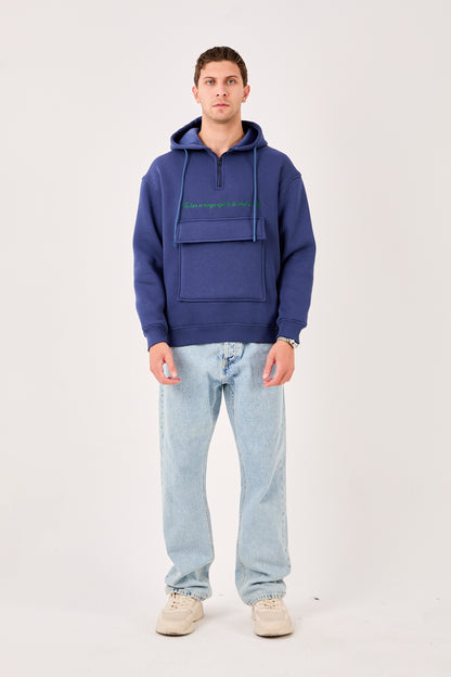 X-4005 Men’s Hoodie in NAVY – Oversized Fit, Fleece Inside, Half-Zip, Kangaroo Pocket