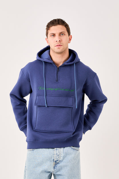 X-4005 Men’s Hoodie in NAVY – Oversized Fit, Fleece Inside, Half-Zip, Kangaroo Pocket