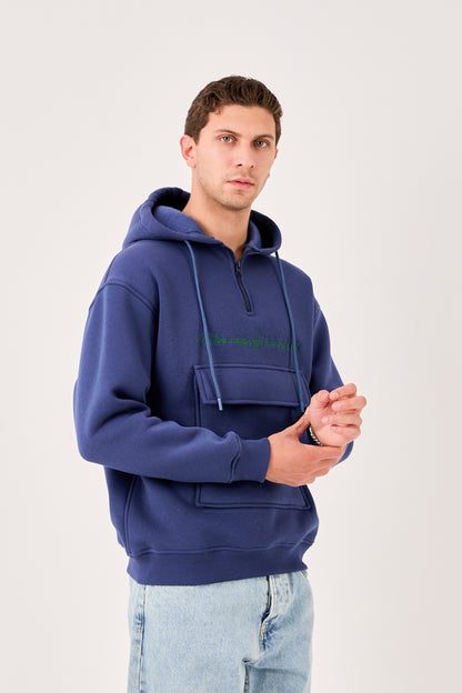 X-4005 Men’s Hoodie in NAVY – Oversized Fit, Fleece Inside, Half-Zip, Kangaroo Pocket