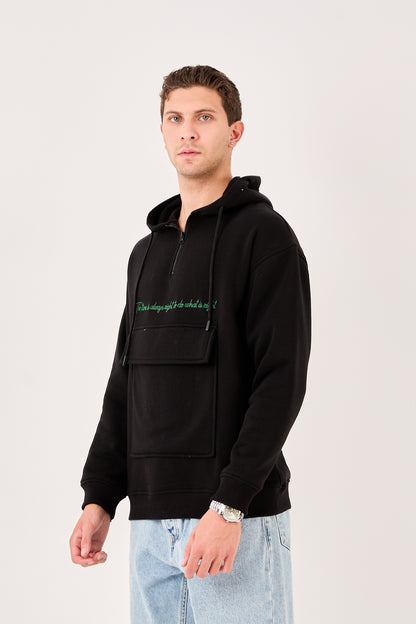 X-4005 Men’s Hoodie in BLACK – Oversized Fit, Fleece Inside, Half-Zip, Kangaroo Pocket