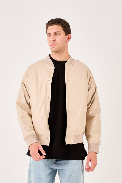 X-2018 Mens Snap Button Faux Leather Jacket BEIGE Bomber Style