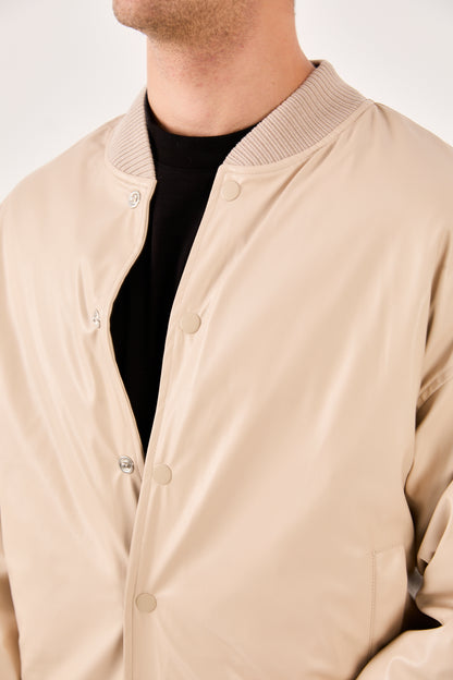X-2018 Mens Snap Button Faux Leather Jacket BEIGE Bomber Style