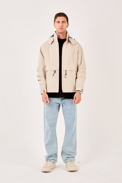 X-2010 Mens Hooded Windbreaker Rain Jacket Beige Zip Front Adjustable