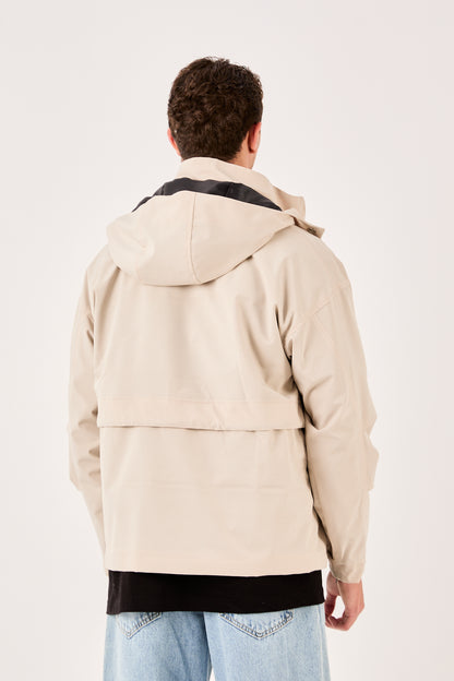 X-2010 Mens Hooded Windbreaker Rain Jacket Beige Zip Front Adjustable