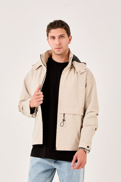 X-2010 Mens Hooded Windbreaker Rain Jacket Beige Zip Front Adjustable
