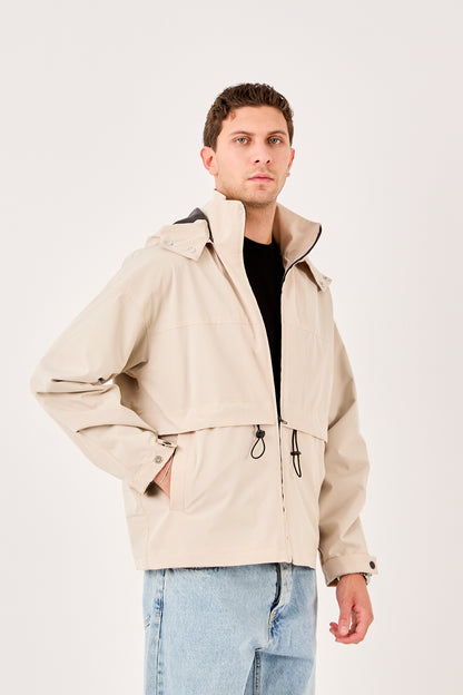 X-2010 Mens Hooded Windbreaker Rain Jacket Beige Zip Front Adjustable