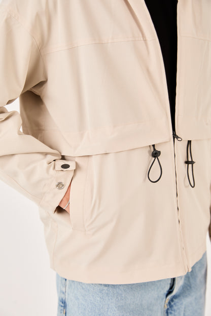 X-2010 Mens Hooded Windbreaker Rain Jacket Beige Zip Front Adjustable