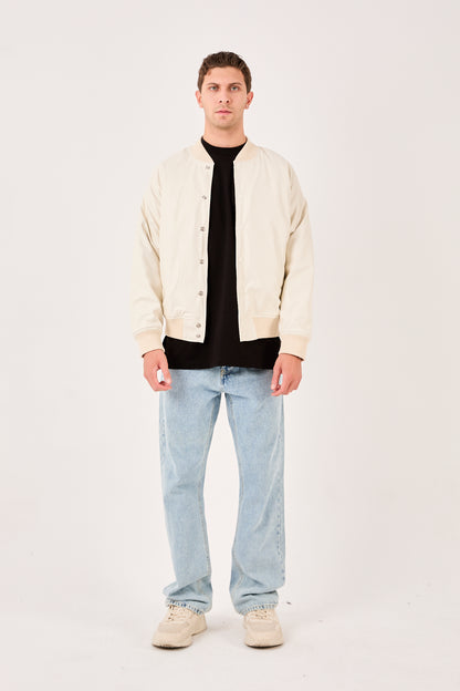 X-2018 Mens Snap Button Faux Leather Jacket WHITE Bomber Style