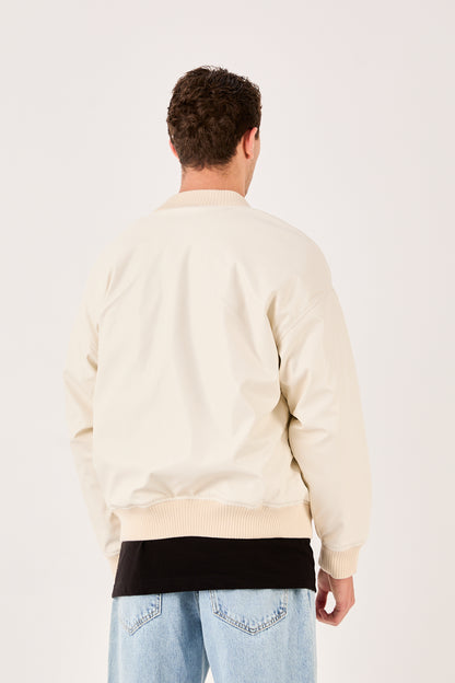 X-2018 Mens Snap Button Faux Leather Jacket WHITE Bomber Style