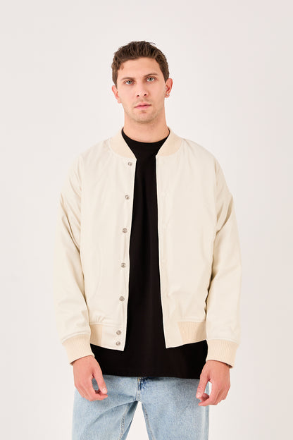 X-2018 Mens Snap Button Faux Leather Jacket WHITE Bomber Style