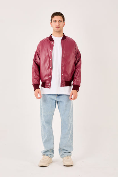 X-2018 Mens Snap Button Faux Leather Jacket BURGUNDY Bomber Style