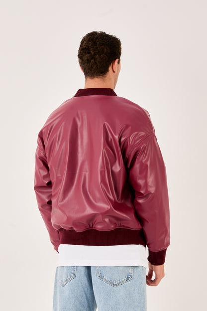X-2018 Mens Snap Button Faux Leather Jacket BURGUNDY Bomber Style