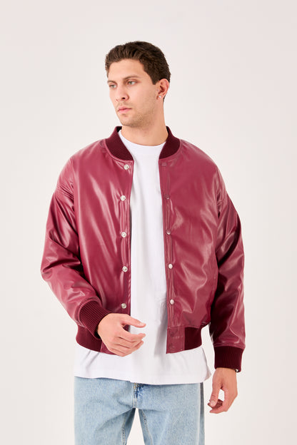 X-2018 Mens Snap Button Faux Leather Jacket BURGUNDY Bomber Style