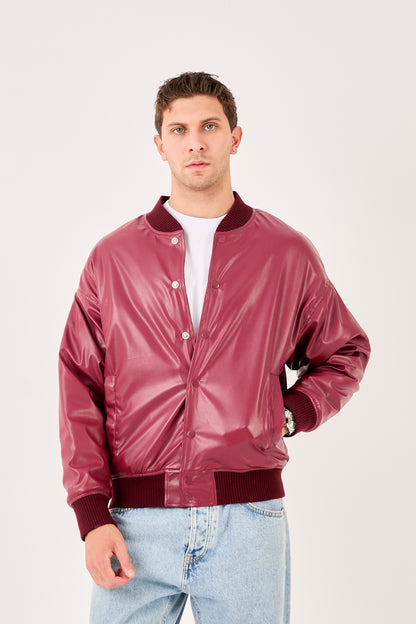 X-2018 Mens Snap Button Faux Leather Jacket BURGUNDY Bomber Style