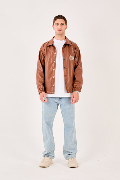 X-2013 Mens Coaches Jacket Brown Snap Button Embroidered Back and Chest Elastic Cuffs