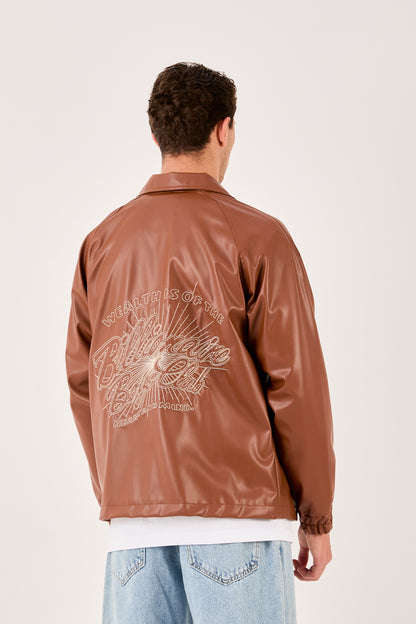 X-2013 Mens Coaches Jacket Brown Snap Button Embroidered Back and Chest Elastic Cuffs