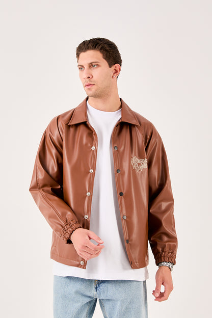 X-2013 Mens Coaches Jacket Brown Snap Button Embroidered Back and Chest Elastic Cuffs