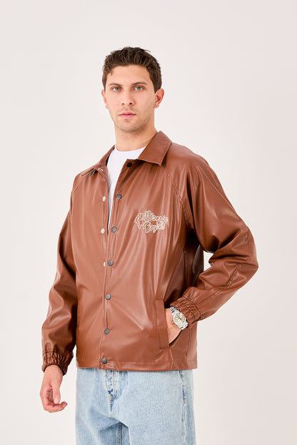 X-2013 Mens Coaches Jacket Brown Snap Button Embroidered Back and Chest Elastic Cuffs