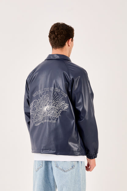 X-2013 Mens Coaches Jacket Navy Snap Button Embroidered Back and Chest Elastic Cuffs