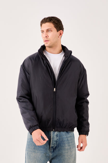 X-2008 Mens Lightweight Puffer Jacket Black Zip Front Stand Collar Elastic Hem