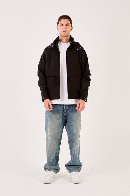 X-2010 Mens Hooded Windbreaker Rain Jacket Black Zip Front Adjustable Hem