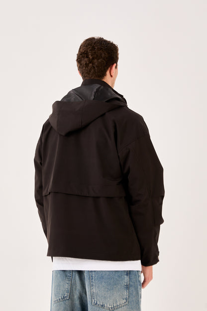 X-2010 Mens Hooded Windbreaker Rain Jacket Black Zip Front Adjustable Hem