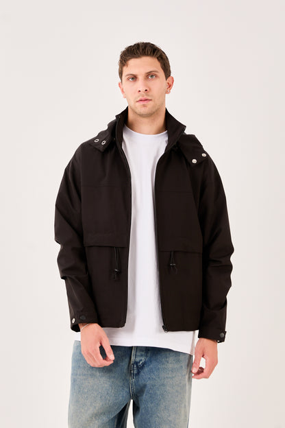 X-2010 Mens Hooded Windbreaker Rain Jacket Black Zip Front Adjustable Hem