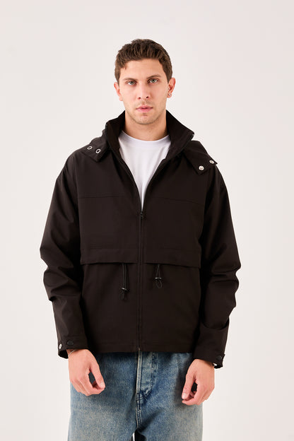 X-2010 Mens Hooded Windbreaker Rain Jacket Black Zip Front Adjustable Hem
