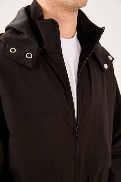 X-2010 Mens Hooded Windbreaker Rain Jacket Black Zip Front Adjustable Hem