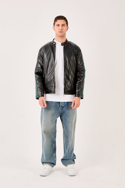 X-2016 Mens Biker Jacket Faux Leather Black with Dark Green Stripe